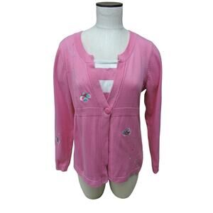 Quacker Factory women's size M sweater pink crew neck knit butterfly cardigan